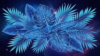 Mystical tropical leaves in blue tones with starry night sky background and cosmic elements. Fantasy botanical design with celestial atmosphere.
