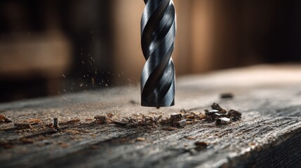 Metal Drill Bit Making Holes in Wooden Plank