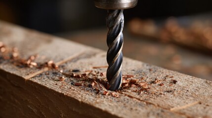 Metal Drill Bit Making Holes in Wooden Plank