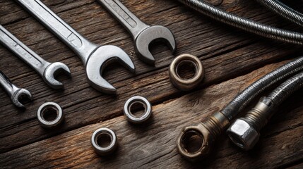 Wrenches, Nuts, and Brake Hoses on Wooden Background