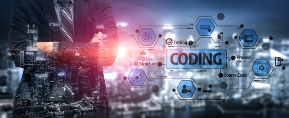 A confident programmer stands with arms crossed in front of a dynamic coding interface overlayed against a vibrant city skyline, symbolizing modern technology and innovation. Tessel