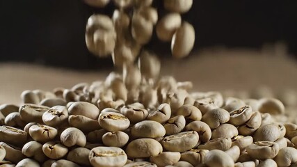 Raw unroasted green coffee beans falling and piling up showcasing the natural texture and fresh quality of the unprocessed coffee seeds before roasting ideal for gourmet beverage preparation and agri.