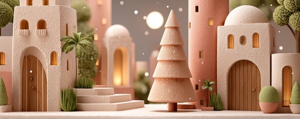 Charming pastel village scene with a cute Christmas tree and soft glowing lights