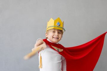 Child pretend to be knight. Kid having fun at home