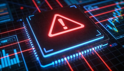 Futuristic user interface with red alert on suspicious transaction, holographic grid background, AI fintech protection 