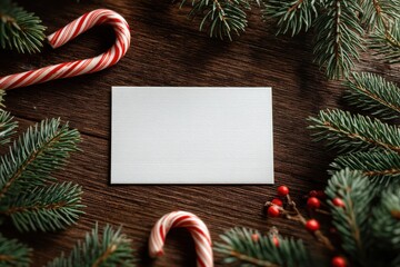 Blank white postcard framed by Christmas tree branches on a rustic wooden table with candy canes and red berries