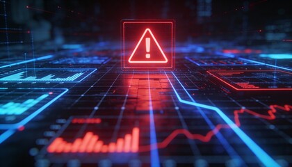 Futuristic user interface with red alert on suspicious transaction, holographic grid background, AI fintech protection 