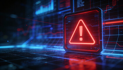 Futuristic user interface with red alert on suspicious transaction, holographic grid background, AI fintech protection 