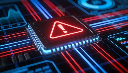 Futuristic user interface with red alert on suspicious transaction, holographic grid background, AI fintech protection 