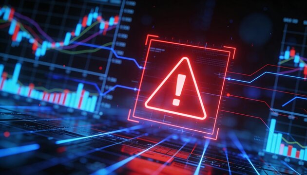 Futuristic user interface with red alert on suspicious transaction, holographic grid background, AI fintech protection 