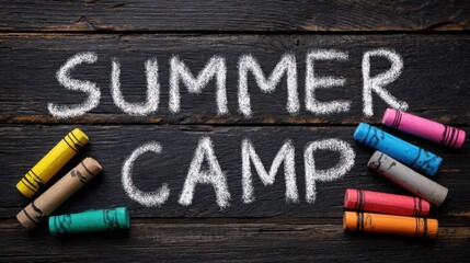 Summer Camp Chalkboard with Colorful Chalk Sticks