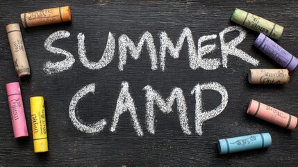 Summer Camp Chalkboard with Colorful Chalk Sticks