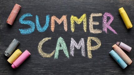 Summer Camp Chalkboard with Colorful Chalk Sticks