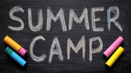 Summer Camp Chalkboard with Colorful Chalk Sticks