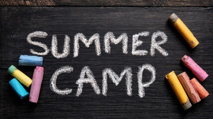 Summer Camp Chalkboard with Colorful Chalk Sticks