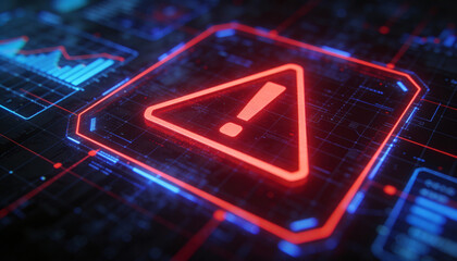 Futuristic user interface with red alert on suspicious transaction, holographic grid background, AI fintech protection 