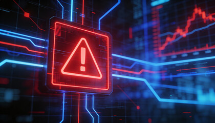 Futuristic user interface with red alert on suspicious transaction, holographic grid background, AI fintech protection 