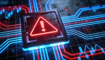 Futuristic user interface with red alert on suspicious transaction, holographic grid background, AI fintech protection 