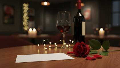Romantic candlelit table with red wine, rose, and blank card, intimate evening atmosphere symbolizing love, romance, and Valentine&rsquo;s Day celebration.