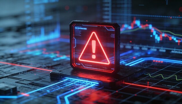 Futuristic user interface with red alert on suspicious transaction, holographic grid background, AI fintech protection  - Powered by Adobe