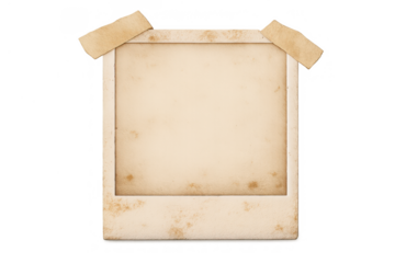 Blank vintage instant paper frame attached with brown adhesive tape, showing an old paper texture, isolated on transparent background