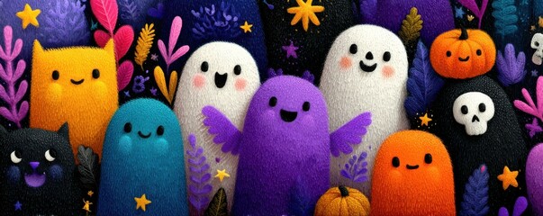 Obraz premium Colorful cartoon ghosts and friends gather in a cute Halloween pattern with pumpkins and smiles.