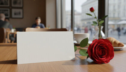 Blank greeting card with red rose on caf&eacute; table, soft daylight and blurred background, romantic message concept for Valentine&rsquo;s Day or special occasions.