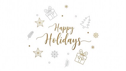 Modern Happy Holidays line art design with geometric holiday symbols in gold and gray color scheme