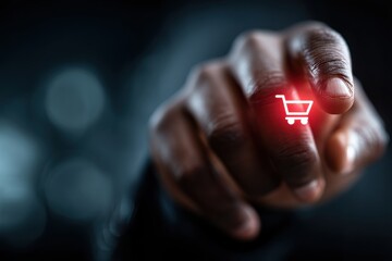 User taps glowing shopping cart icon on a digital screen, symbolizing ecommerce and online shopping