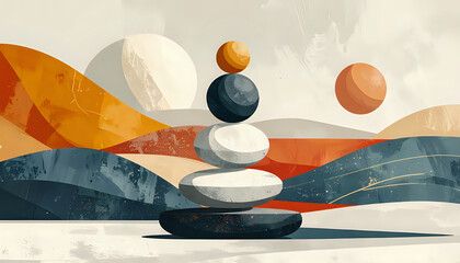 Abstract balanced stones composition with geometric shapes and flowing forms in calm modern design