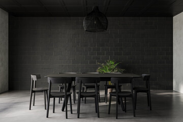Modern dark dining room interior with black brick wall, concrete floor, and wooden furniture. 3D rendering