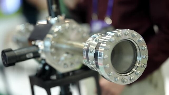 Close-up of a precision-engineered stainless steel vacuum chamber manifold with bolted viewport flanges and instrumentation ports during a laboratory demonstration