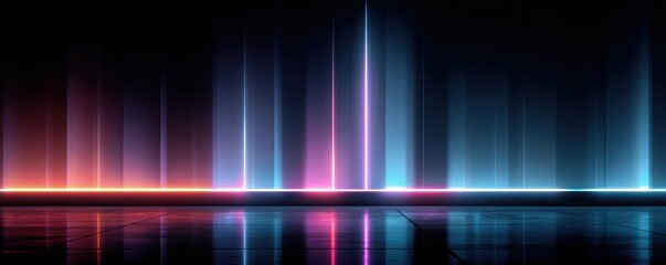 Abstract neon background with glowing vertical lines and reflections for futuristic design