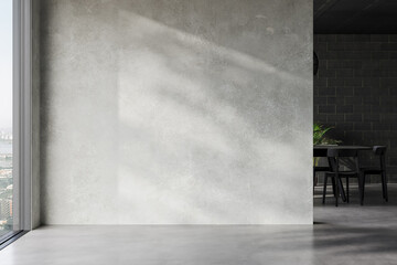 Modern interior design of apartment, empty interior with concrete flooring, windows, and suitable for various furniture and home decor mockups, panorama. 3d rendering