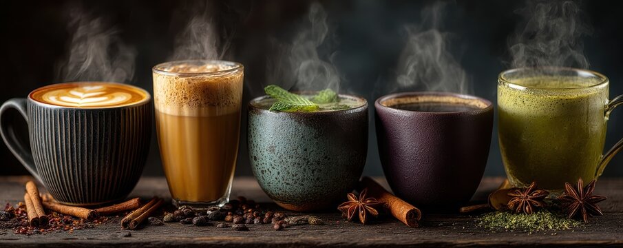 Assorted coffee drinks in cups with steam, spices, and greenery on a rustic wooden table