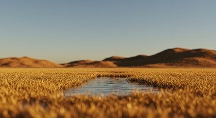 Fototapeta premium Golden desert landscape with a small puddle
