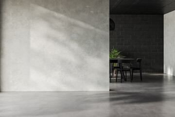 Modern interior design of apartment, empty interior with concrete flooring, windows, and suitable for various furniture and home decor mockups, panorama. 3d rendering
