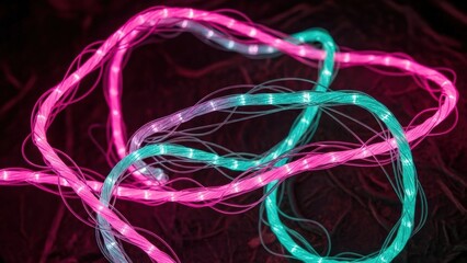 Abstract glowing neon light strings in pink and cyan colors intertwined in a dark, textured environment, representing energy or technology