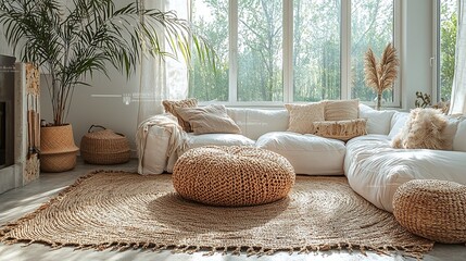 Bohemian interior cozy living room sunlit home decor photo