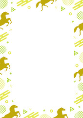 午年をイメージした走る馬と和柄のPOPなフレーム_白背景_緑
