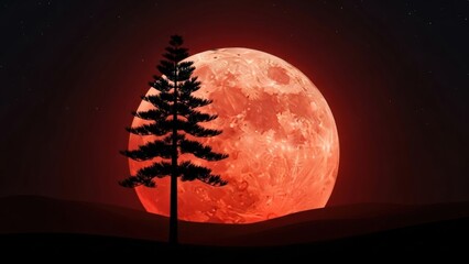 Dramatic silhouette of a tall pine tree against a massive, glowing blood red moon in a dark night sky with faint stars