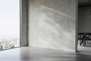 Modern interior design of apartment, empty interior with concrete flooring, windows, and suitable for various furniture and home decor mockups, panorama. 3d rendering