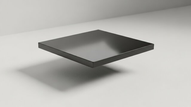 Black square floating object casting a shadow on a light gray surface in a minimalist 3d render