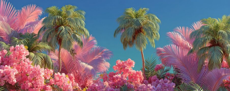 Vibrant tropical scene with pink flowers and palm leaves against a blue sky