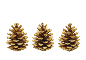 three realistic pine cones painted with shimmering metallic gold watercolor, placed horizontally in a row against a transparent studio background with copy space. concept of elegant holiday