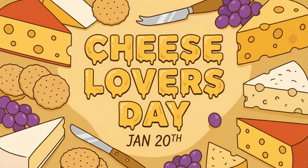 An illustration celebrating Cheese Lovers Day on January 20th, featuring an assortment of cheeses, crackers, grapes, and cheese knives on a beige background.