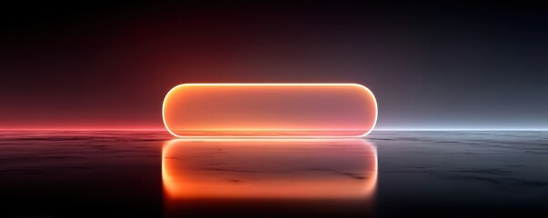 Glowing neon oval shape on a dark reflective surface with red and orange gradient glow