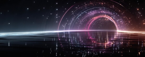 Obraz premium Abstract neon tunnel over dark sea with glowing rings and luminous reflections