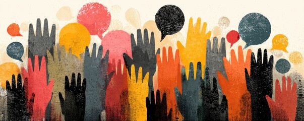 Diverse crowd with raised hands celebrating in a colorful, energetic gathering