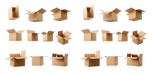 A collection of various open and partially assembled cardboard boxes in different perspectives on transparent background